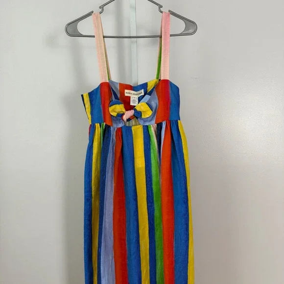 Mara Hoffman Striped Maxi Dress Tie Front Linen Blue Yellow Red Green Size 4 - Picture 3 of 9